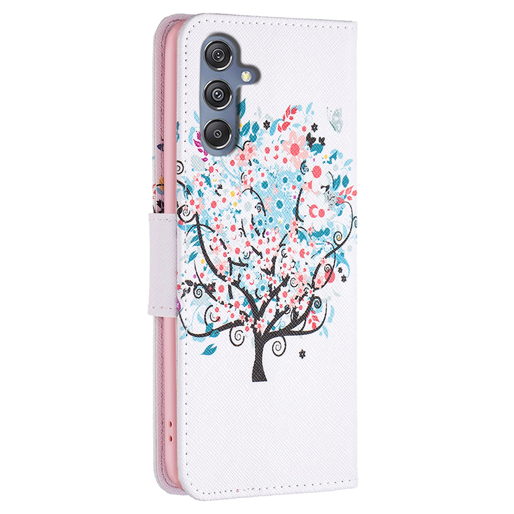 For Samsung Galaxy F34 5G / M34 5G PU Leather Pattern Printing Phone Case Wallet Stand Anti-drop Cover - Flower Tree