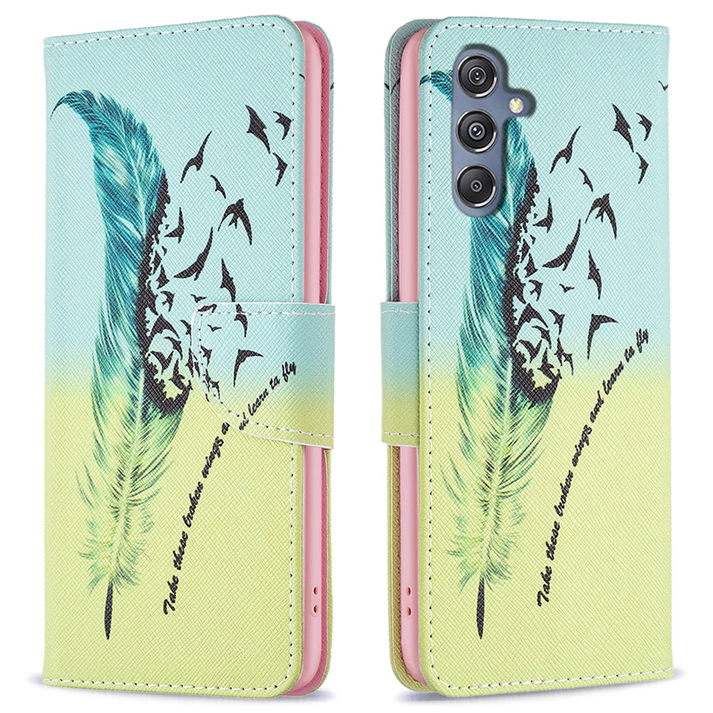 For Samsung Galaxy F34 5G / M34 5G PU Leather Pattern Printing Phone Case Wallet Stand Anti-drop Cover - Feather and Birds