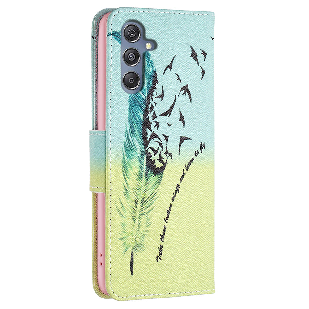 For Samsung Galaxy F34 5G / M34 5G PU Leather Pattern Printing Phone Case Wallet Stand Anti-drop Cover - Feather and Birds