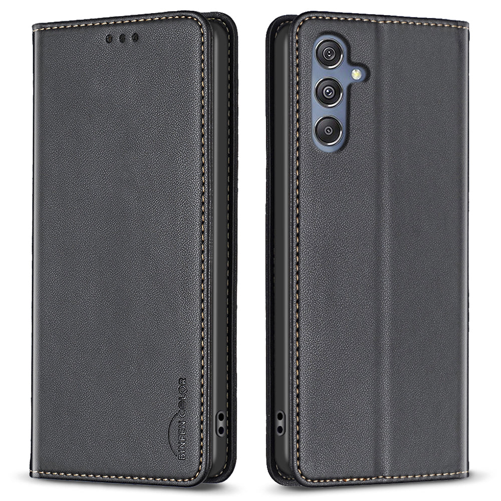 BINFEN COLOR BF18 For Samsung Galaxy F34 5G / M34 5G Leather Phone Case Card Holder Foldable Stand Cover - Black