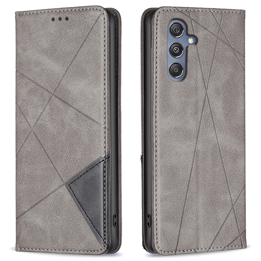 For Samsung Galaxy F34 5G / M34 5G Stand Flip Cover PU Leather Imprinted Line Phone Case with Card Slots - Grey