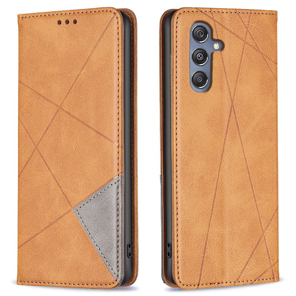 For Samsung Galaxy F34 5G / M34 5G Stand Flip Cover PU Leather Imprinted Line Phone Case with Card Slots - Yellow