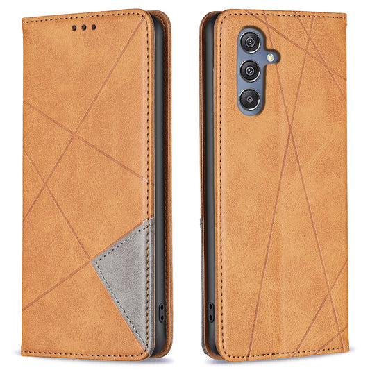 For Samsung Galaxy F34 5G / M34 5G Stand Flip Cover PU Leather Imprinted Line Phone Case with Card Slots - Yellow