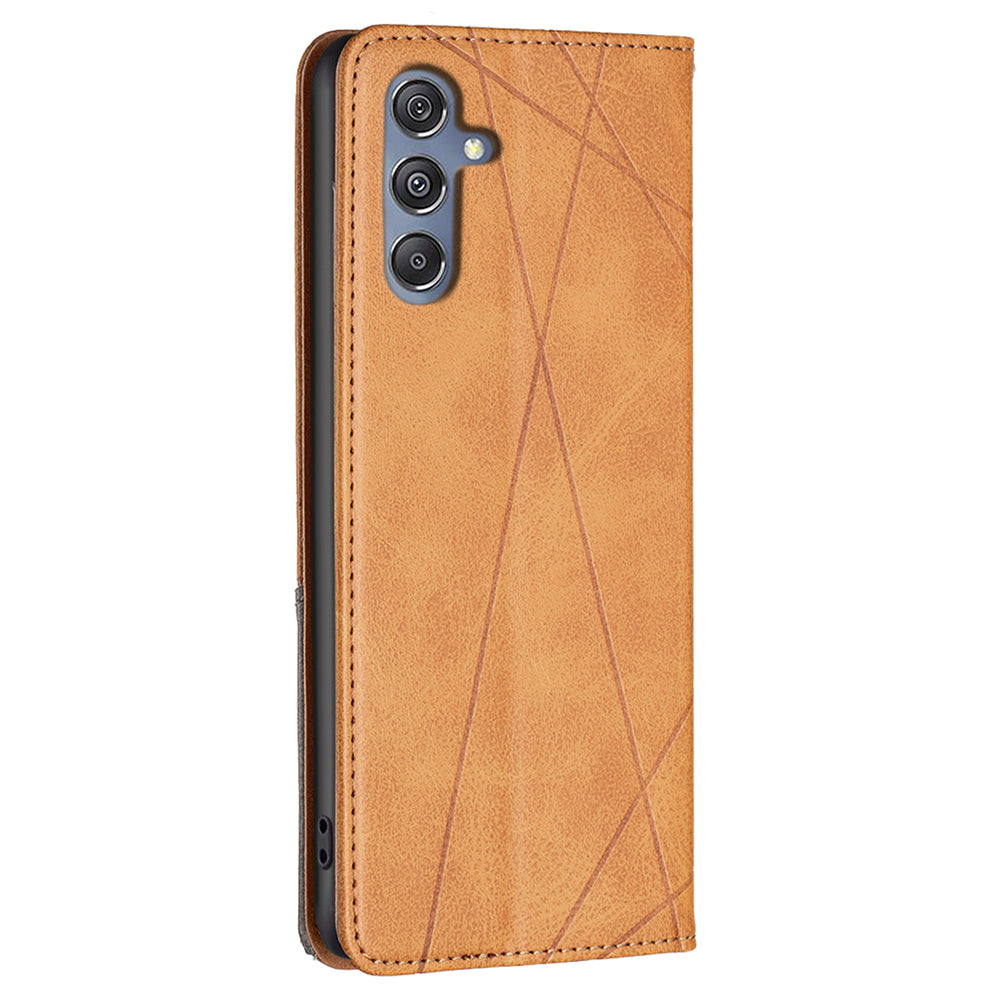 For Samsung Galaxy F34 5G / M34 5G Stand Flip Cover PU Leather Imprinted Line Phone Case with Card Slots - Yellow