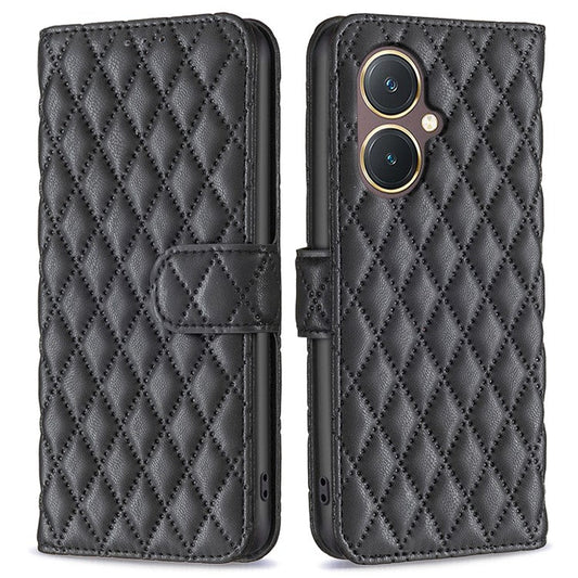 BINFEN COLOR BF Style-14 for vivo Y27 4G Imprinted Grid Phone Case PU Leather Stand Wallet Cover - Black
