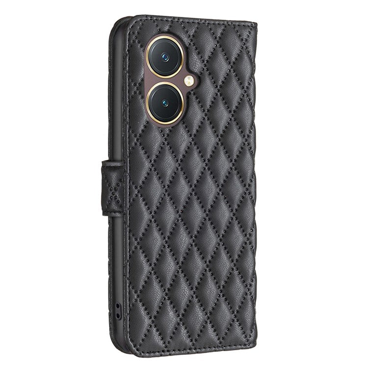 BINFEN COLOR BF Style-14 for vivo Y27 4G Imprinted Grid Phone Case PU Leather Stand Wallet Cover - Black