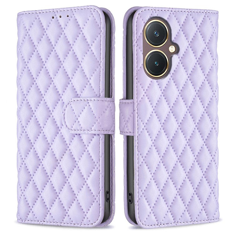 BINFEN COLOR BF Style-14 for vivo Y27 4G Imprinted Grid Phone Case PU Leather Stand Wallet Cover - Purple