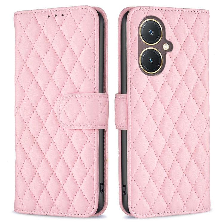 BINFEN COLOR BF Style-14 for vivo Y27 4G Imprinted Grid Phone Case PU Leather Stand Wallet Cover - Pink