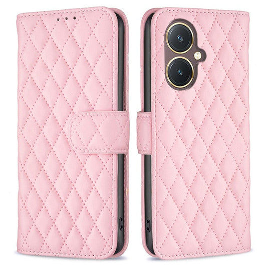 BINFEN COLOR BF Style-14 for vivo Y27 4G Imprinted Grid Phone Case PU Leather Stand Wallet Cover - Pink