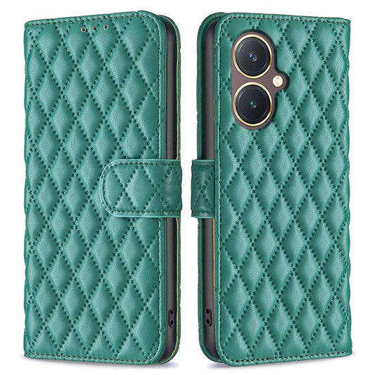 BINFEN COLOR BF Style-14 for vivo Y27 4G Imprinted Grid Phone Case PU Leather Stand Wallet Cover - Green