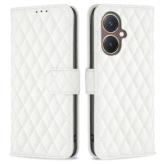 BINFEN COLOR BF Style-14 for vivo Y27 4G Imprinted Grid Phone Case PU Leather Stand Wallet Cover - White