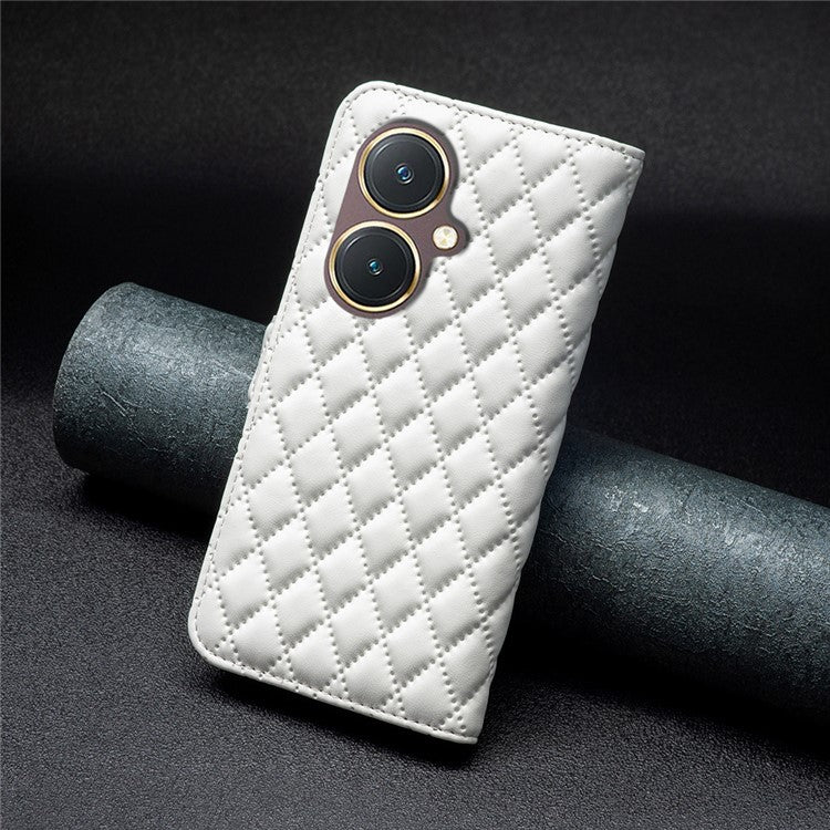 BINFEN COLOR BF Style-14 for vivo Y27 4G Imprinted Grid Phone Case PU Leather Stand Wallet Cover - White