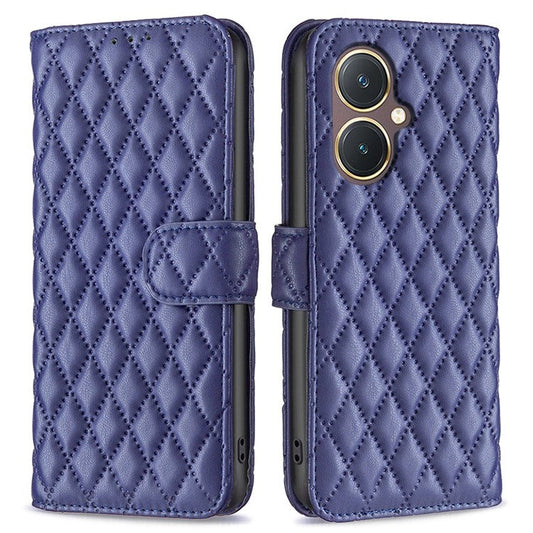 BINFEN COLOR BF Style-14 for vivo Y27 4G Imprinted Grid Phone Case PU Leather Stand Wallet Cover - Blue
