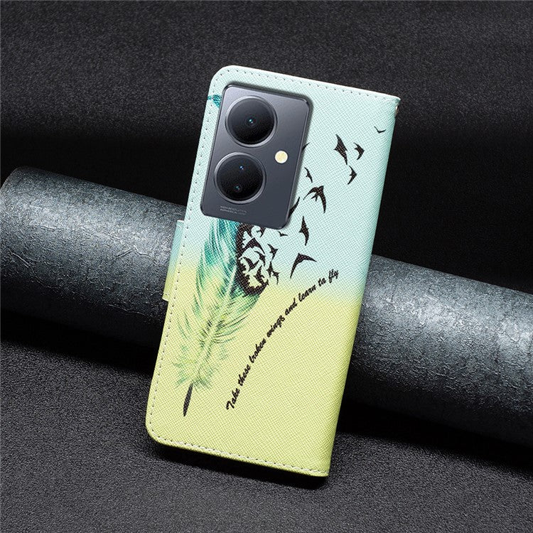 PU Leather Flip Case for vivo Y78 (China) 5G / Y36 4G (Global) / Y36 5G (Global) , Pattern Printing Stand Wallet Phone Cover - Feather and Birds