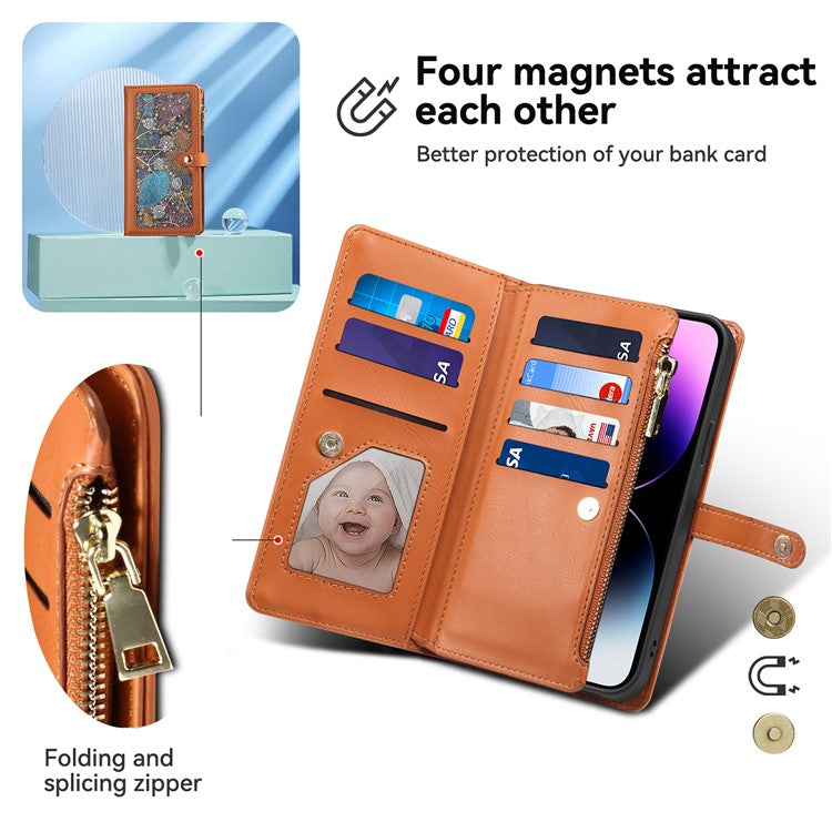 ESEBLE Galaxy Series Stand Folio Cover for Samsung Galaxy S23 FE , RFID Blocking Leather Zipper Pocket Wallet Phone Case - Brown