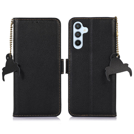 For Samsung Galaxy F34 5G / M34 5G RFID Blocking Phone Wallet Case Genuine Cow Leather Litchi Texture Stand Cover - Black
