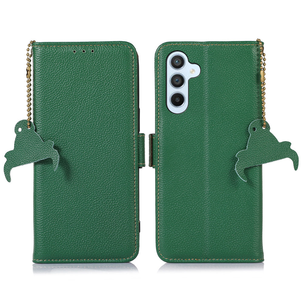 For Samsung Galaxy F34 5G / M34 5G RFID Blocking Phone Wallet Case Genuine Cow Leather Litchi Texture Stand Cover - Green