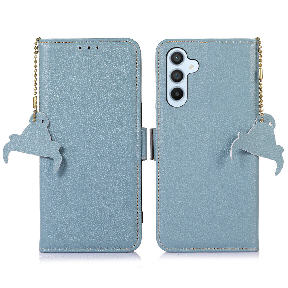For Samsung Galaxy F34 5G / M34 5G RFID Blocking Phone Wallet Case Genuine Cow Leather Litchi Texture Stand Cover - Blue