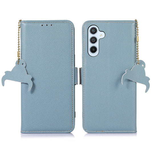 For Samsung Galaxy F34 5G / M34 5G RFID Blocking Phone Wallet Case Genuine Cow Leather Litchi Texture Stand Cover - Blue