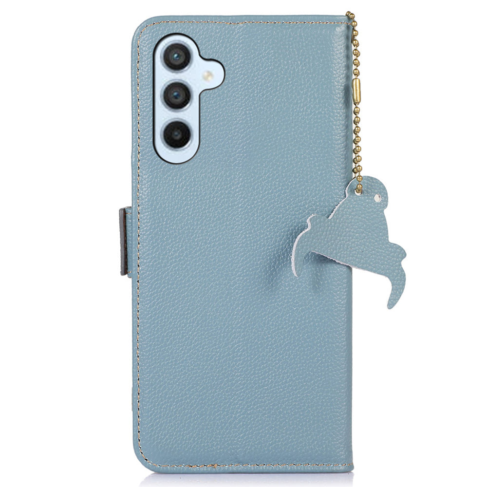 For Samsung Galaxy F34 5G / M34 5G RFID Blocking Phone Wallet Case Genuine Cow Leather Litchi Texture Stand Cover - Blue