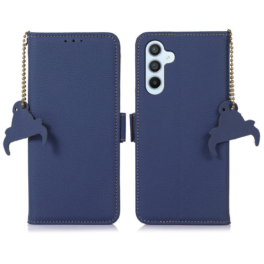 For Samsung Galaxy F34 5G / M34 5G RFID Blocking Phone Wallet Case Genuine Cow Leather Litchi Texture Stand Cover - Sapphire