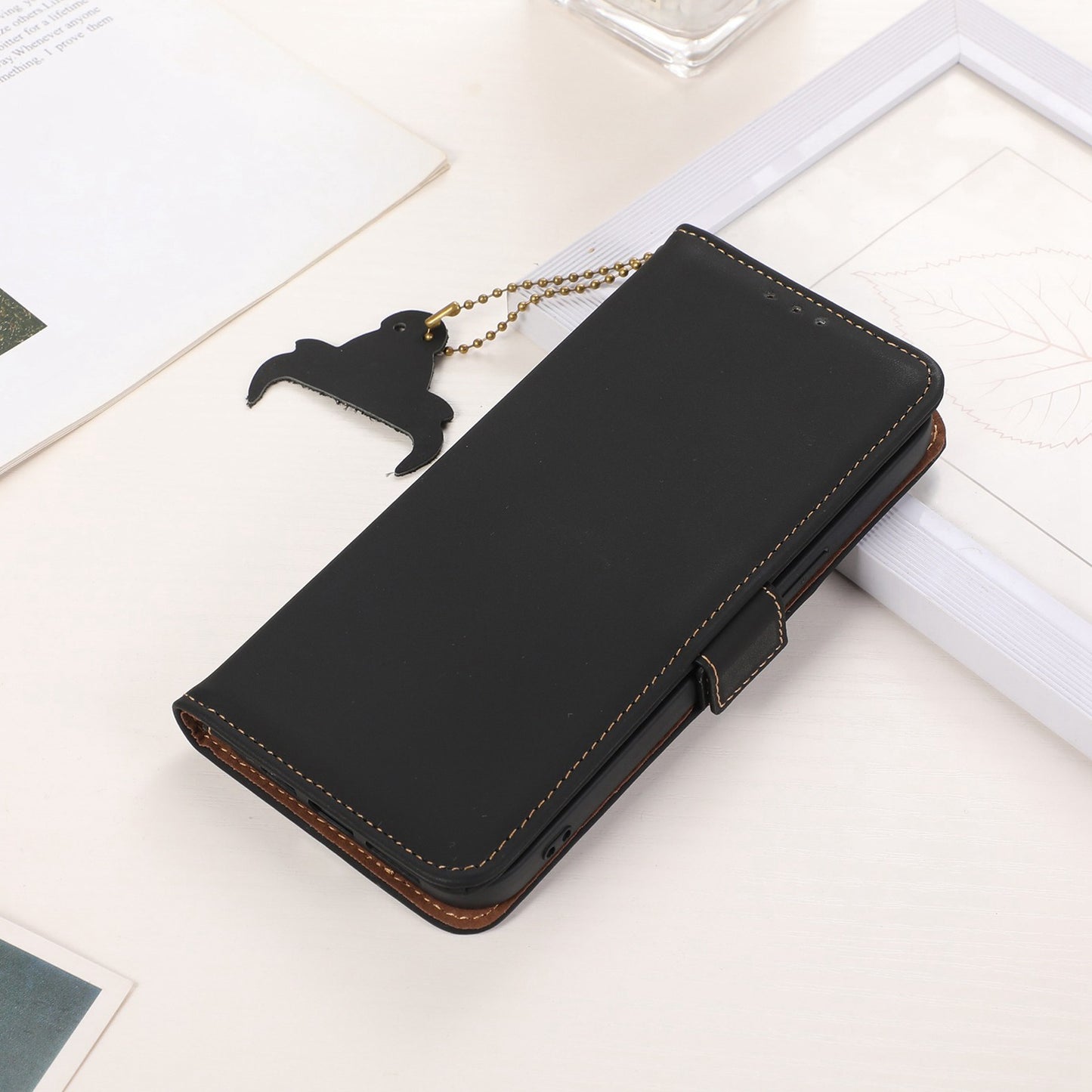 For Samsung Galaxy F34 5G / M34 5G RFID Blocking Genuine Cow Leather Phone Case Wallet Silky Feeling Stand Cover - Black