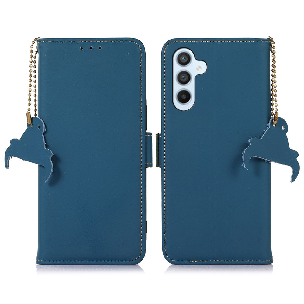 For Samsung Galaxy F34 5G / M34 5G RFID Blocking Genuine Cow Leather Phone Case Wallet Silky Feeling Stand Cover - Blue