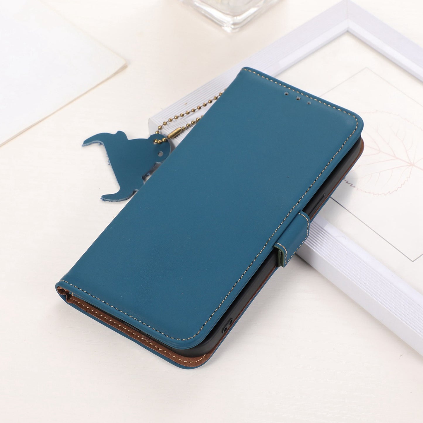 For Samsung Galaxy F34 5G / M34 5G RFID Blocking Genuine Cow Leather Phone Case Wallet Silky Feeling Stand Cover - Blue