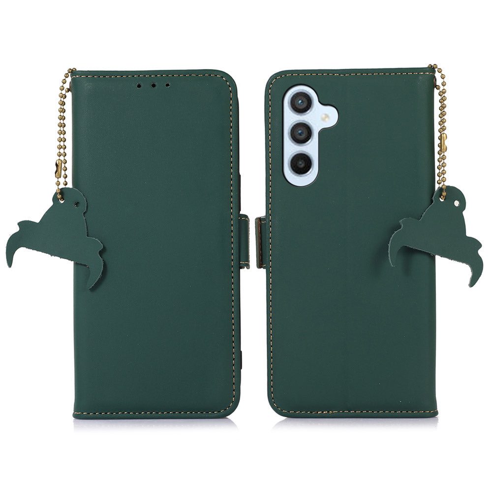 For Samsung Galaxy F34 5G / M34 5G RFID Blocking Genuine Cow Leather Phone Case Wallet Silky Feeling Stand Cover - Green