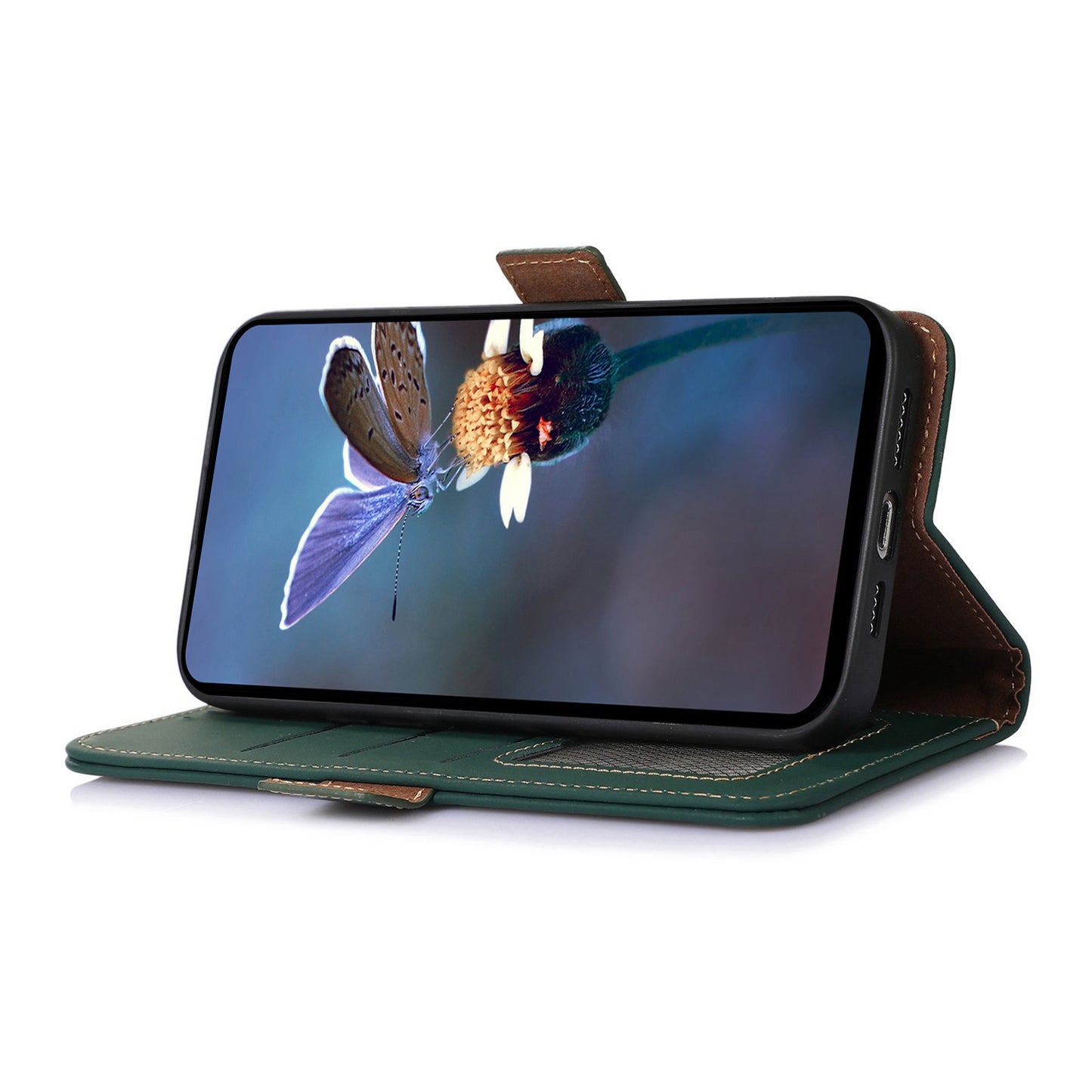 For Samsung Galaxy F34 5G / M34 5G RFID Blocking Genuine Cow Leather Phone Case Wallet Silky Feeling Stand Cover - Green