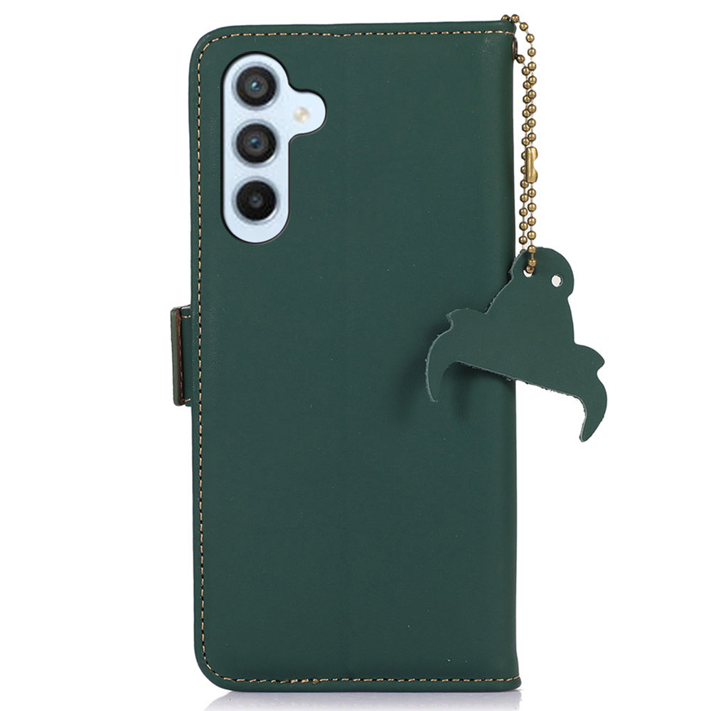 For Samsung Galaxy F34 5G / M34 5G RFID Blocking Genuine Cow Leather Phone Case Wallet Silky Feeling Stand Cover - Green