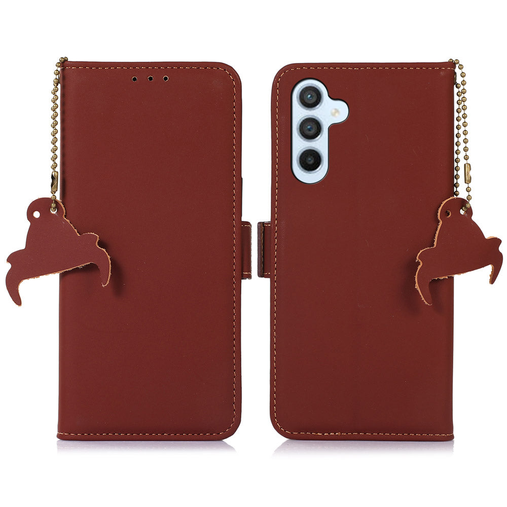 For Samsung Galaxy F34 5G / M34 5G RFID Blocking Genuine Cow Leather Phone Case Wallet Silky Feeling Stand Cover - Coffee