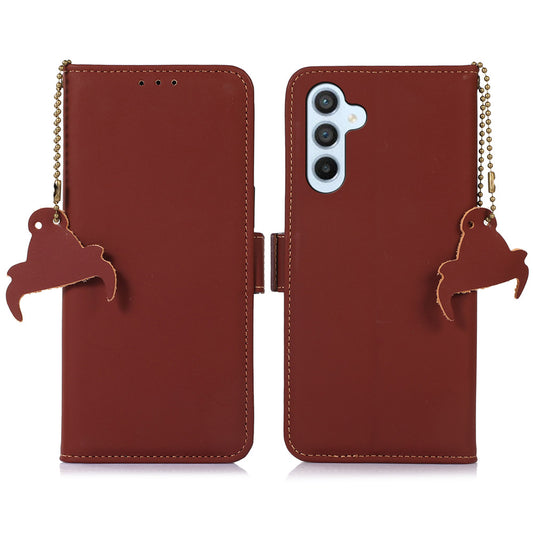 For Samsung Galaxy F34 5G / M34 5G RFID Blocking Genuine Cow Leather Phone Case Wallet Silky Feeling Stand Cover - Coffee