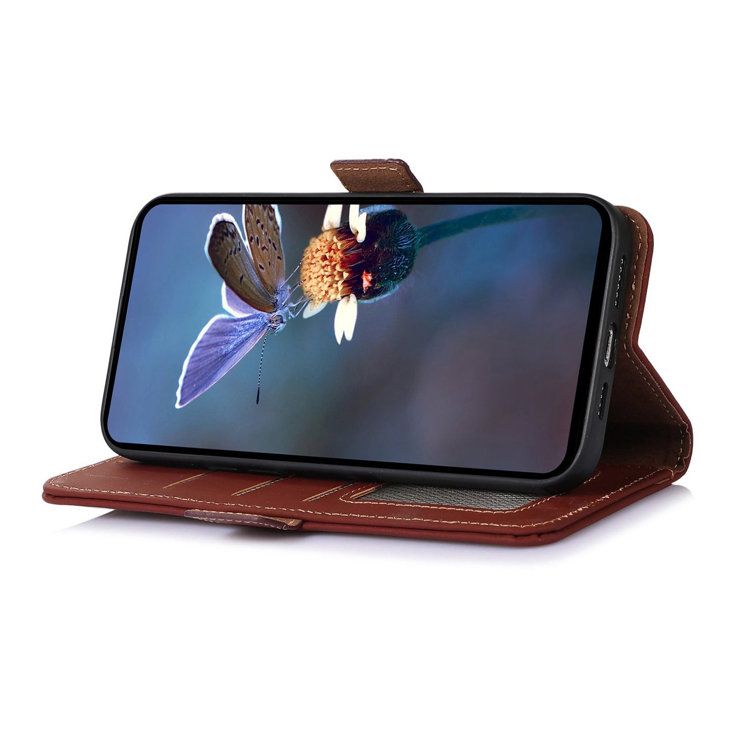 For Samsung Galaxy F34 5G / M34 5G RFID Blocking Genuine Cow Leather Phone Case Wallet Silky Feeling Stand Cover - Coffee