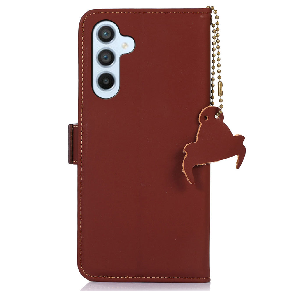 For Samsung Galaxy F34 5G / M34 5G RFID Blocking Genuine Cow Leather Phone Case Wallet Silky Feeling Stand Cover - Coffee