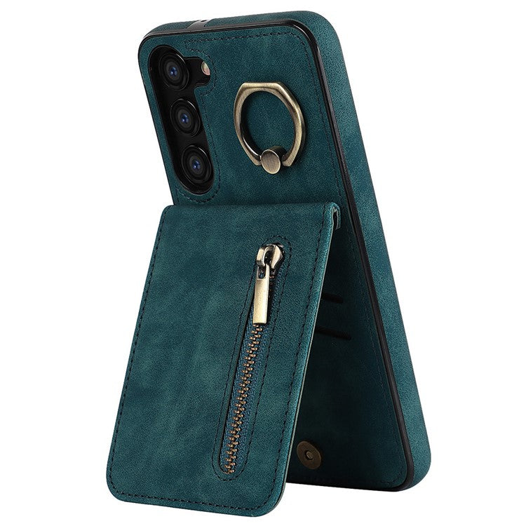 RFID Blocking Kickstand Phone Case for Samsung Galaxy S23+ Retro PU+TPU Zippered Wallet Phone Cover - Blue