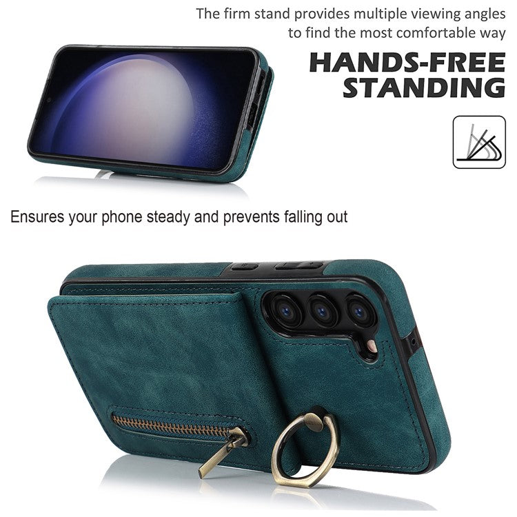 RFID Blocking Kickstand Phone Case for Samsung Galaxy S23+ Retro PU+TPU Zippered Wallet Phone Cover - Blue