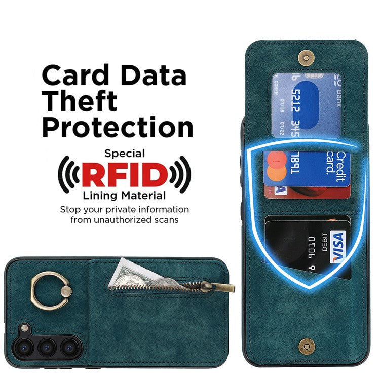 RFID Blocking Kickstand Phone Case for Samsung Galaxy S23+ Retro PU+TPU Zippered Wallet Phone Cover - Blue