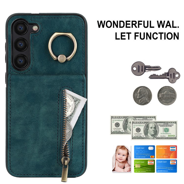 RFID Blocking Kickstand Phone Case for Samsung Galaxy S23+ Retro PU+TPU Zippered Wallet Phone Cover - Blue