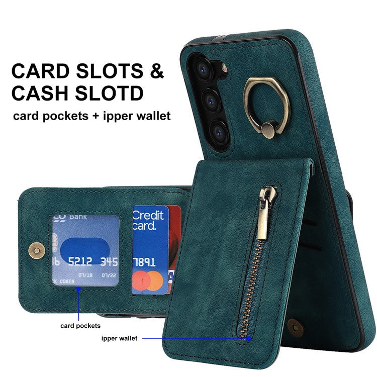 RFID Blocking Kickstand Phone Case for Samsung Galaxy S23+ Retro PU+TPU Zippered Wallet Phone Cover - Blue