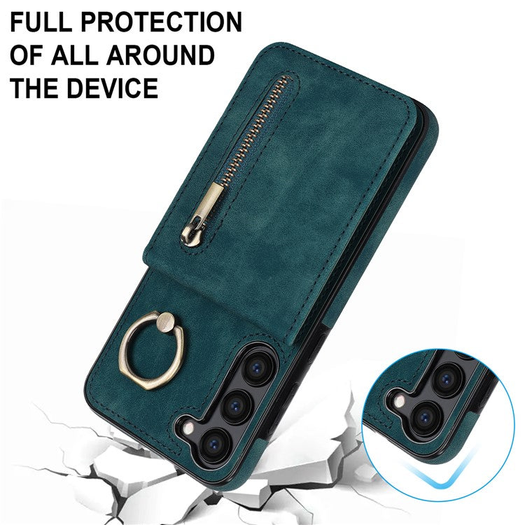 RFID Blocking Kickstand Phone Case for Samsung Galaxy S23+ Retro PU+TPU Zippered Wallet Phone Cover - Blue