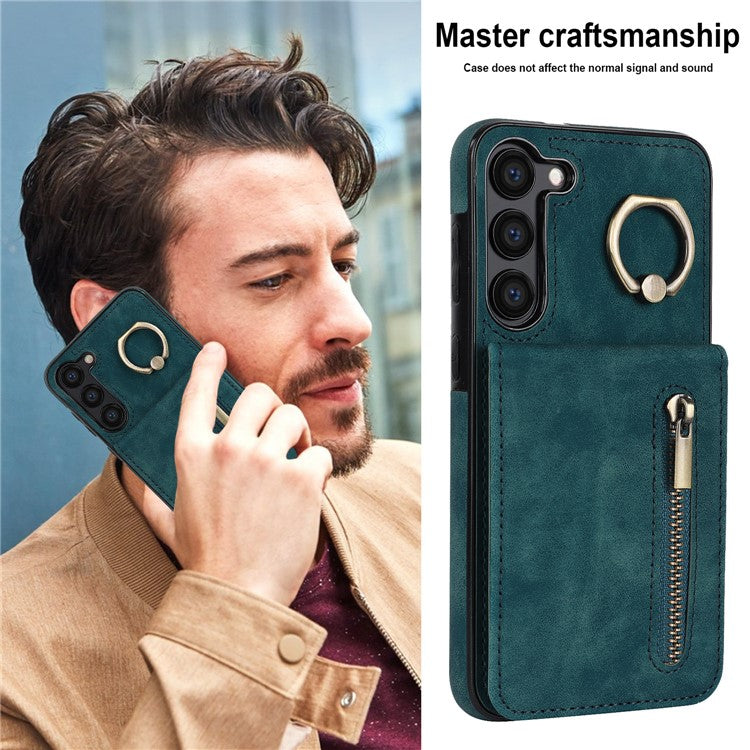 RFID Blocking Kickstand Phone Case for Samsung Galaxy S23+ Retro PU+TPU Zippered Wallet Phone Cover - Blue