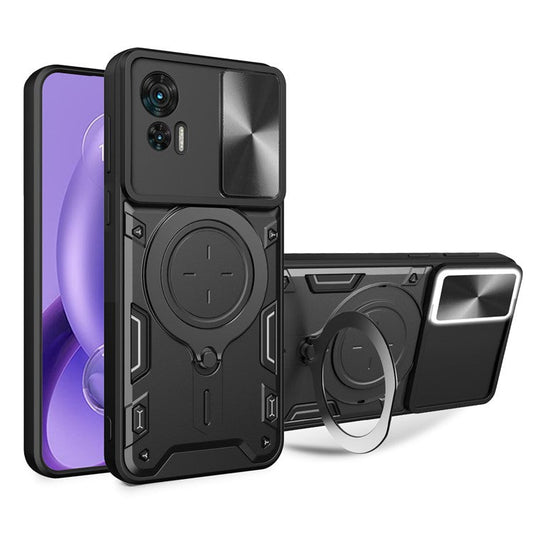 For Motorola Edge 30 Neo 5G Rotate Kickstand Cover Slide Lens Guard PC+TPU Shockproof Phone Case - Black