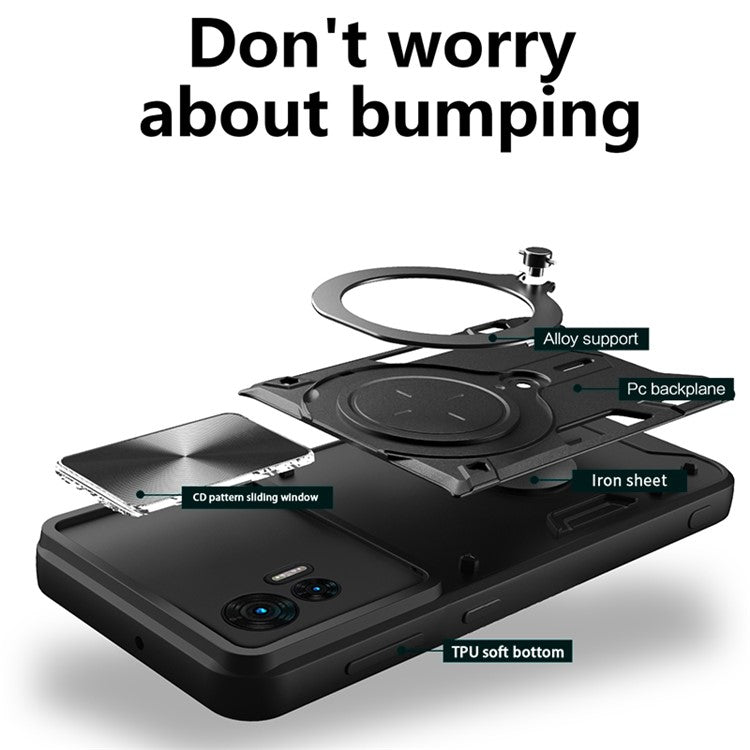 For Motorola Edge 30 Neo 5G Rotate Kickstand Cover Slide Lens Guard PC+TPU Shockproof Phone Case - Black