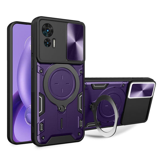 For Motorola Edge 30 Neo 5G Rotate Kickstand Cover Slide Lens Guard PC+TPU Shockproof Phone Case - Purple