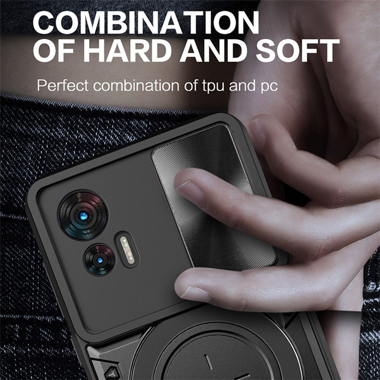 For Motorola Edge 30 Neo 5G Rotate Kickstand Cover Slide Lens Guard PC+TPU Shockproof Phone Case - Purple