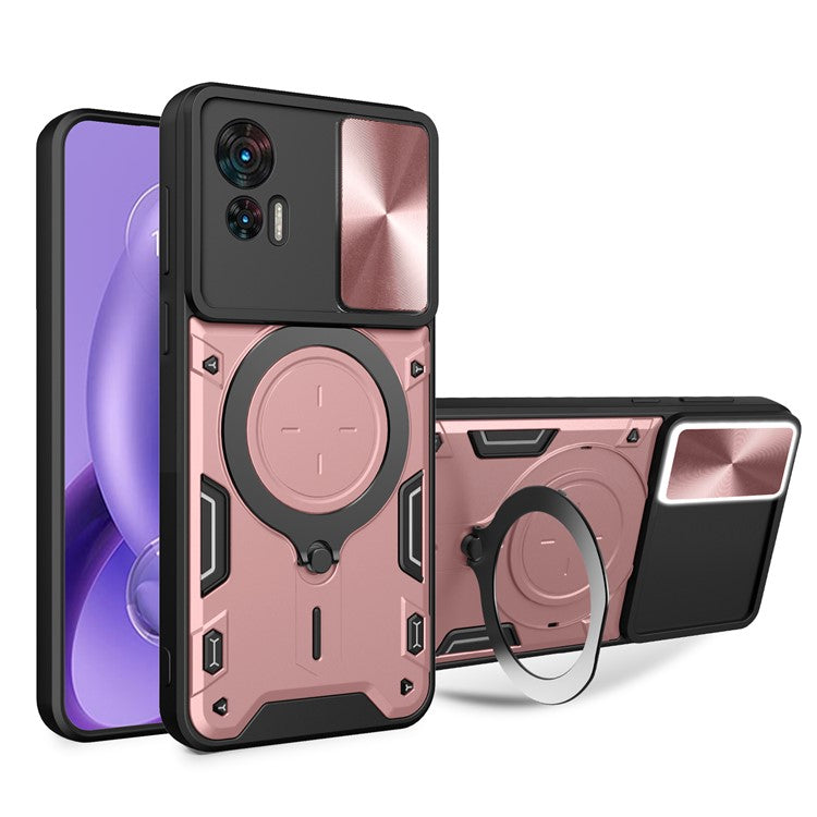 For Motorola Edge 30 Neo 5G Rotate Kickstand Cover Slide Lens Guard PC+TPU Shockproof Phone Case - Pink