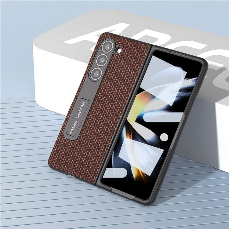 ABEEL For Samsung Galaxy Z Fold5 5G Cowhide Leather+PC Protective Shell Kickstand Phone Case with Tempered Glass Film - Coffee