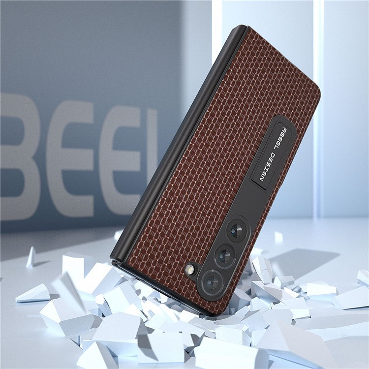 ABEEL For Samsung Galaxy Z Fold5 5G Cowhide Leather+PC Protective Shell Kickstand Phone Case with Tempered Glass Film - Coffee