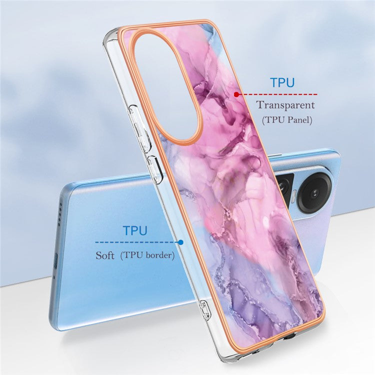 YB IMD Series-16 Style E TPU Case for Oppo Reno10 5G (Global) Electroplating 2.0mm Marble Pattern IMD Phone Cover - Rose
